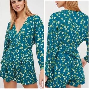 FREE PEOPLE LAmour Turquoise Floral Romper with Pockets, Size 0